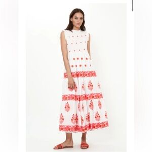 Oliphant Calistoga Coral Pink White Floral Polka Dot Smocked Maxi Size XXS